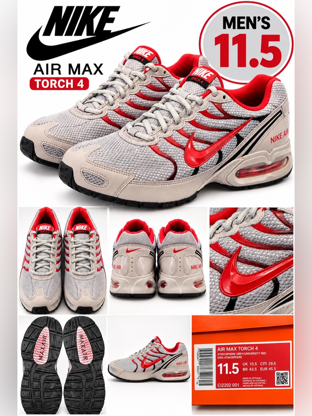 Nike Air Max Torch 4 Men Sneakers - Light Gray & Red 🔥Missing Top Of Its Box